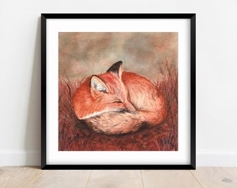 Direct downloaden | Kunstprint van een slaperige vos, decoratie voor de kinderkamer met bos-thema