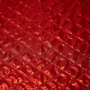 Può includere: Tessuto trapuntato rosso con un motivo a rombi. Il tessuto ha una finitura lucida e metallica.
