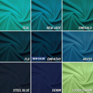 May include: Nine fabric swatches in various shades of blue and green, including teal, new jade, emerald, Fiji, empathy, abyss, steel blue, denim, and lucky charm. The swatches are arranged in a 3x3 grid.