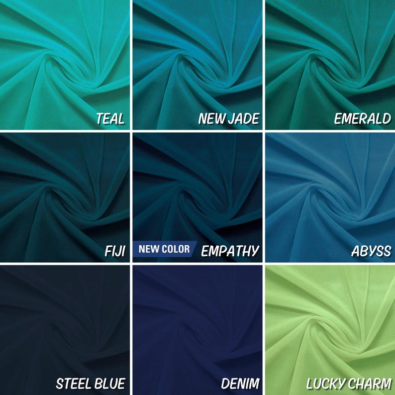 May include: Nine fabric swatches in various shades of blue and green, including teal, new jade, emerald, Fiji, empathy, abyss, steel blue, denim, and lucky charm. The swatches are arranged in a 3x3 grid.