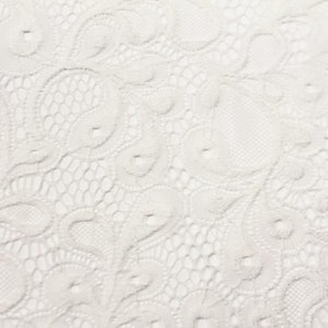 May include: White lace fabric with a delicate floral pattern.