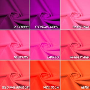 May include: Nine fabric swatches in various shades of pink, purple, and orange. The swatches are arranged in a 3x3 grid. Each swatch has a name printed below it: Rosebuds, Electric Purple, Tropic Pink, Neon Pink, Famous, Wonderland, Wild Watermelon, Vivid Glow, and Nemo.
