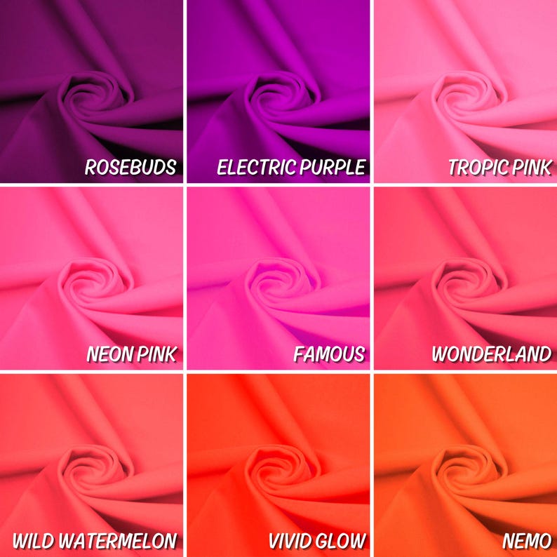 May include: Nine fabric swatches in various shades of pink, purple, and orange. The swatches are arranged in a 3x3 grid. Each swatch has a name printed below it: Rosebuds, Electric Purple, Tropic Pink, Neon Pink, Famous, Wonderland, Wild Watermelon, Vivid Glow, and Nemo.