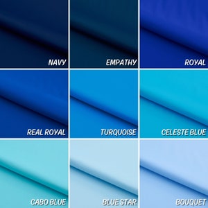 Pu&ograve; includere: Una cartella colori che mostra nove diverse tonalit&agrave; di blu, dal blu navy scuro al blu chiaro. I nomi dei colori sono elencati sotto ogni campione: Navy, Empathy, Royal, Real Royal, Turquoise, Celeste Blue, Cabo Blue, Blue Star, Bouquet.