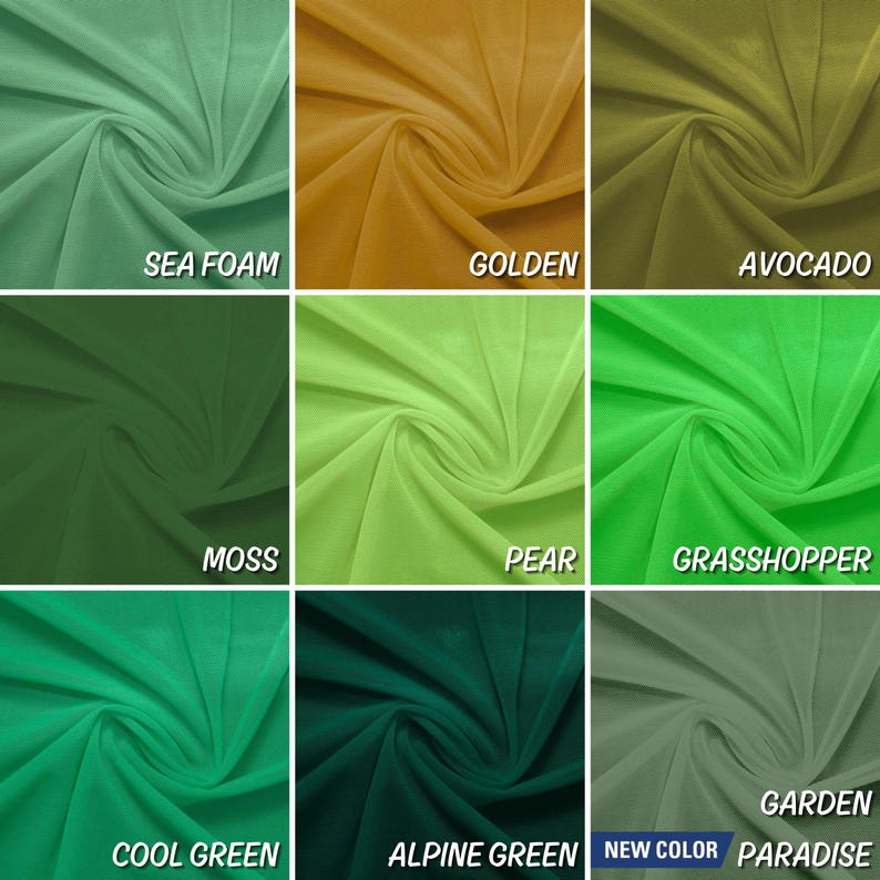 May include: Nine swatches of sheer fabric in various shades of green, yellow, and brown. The swatches are labelled with names like "Sea Foam", "Golden", "Avocado", "Moss", "Pear", "Grasshopper", "Cool Green", "Alpine Green", and "Garden Paradise".