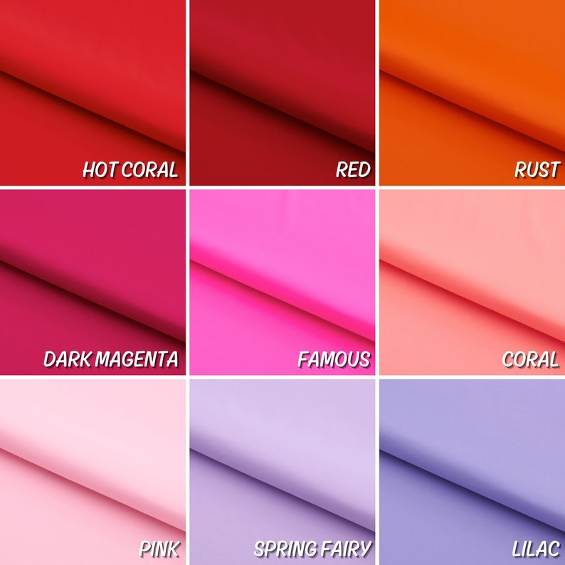 Pu&ograve; includere: Nove campioni di tessuto in varie tonalit&agrave; di rosso, rosa e viola. I campioni sono disposti in una griglia 3x3. I colori sono etichettati come "Hot Coral", "Red", "Rust", "Dark Magenta", "Famous", "Coral", "Pink", "Spring Fairy" e "Lilac".