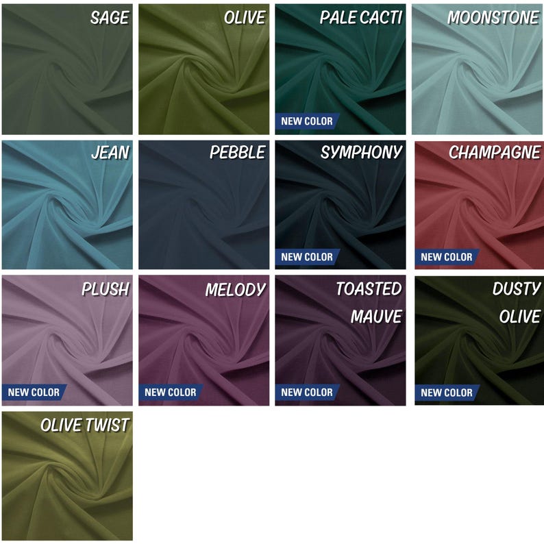 May include: A colour chart of fabric swatches in various shades of green, blue, purple, red, and brown. The swatches are labelled with names like "Sage", "Olive", "Pale Cacti", "Moonstone", "Jean", "Pebble", "Symphony", "Champagne", "Plush", "Melody", "Toasted Mauve", "Dusty Olive", and "Olive Twist".