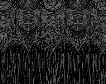 May include: A black and white image of a decorative trim with a repeating pattern of overlapping circles and lines. The trim has a fringe-like appearance.