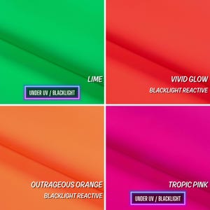 May include: Four swatches of neon colored fabric, each with a different color and name. The colors are lime green, vivid glow orange, outrageous orange, and tropic pink. Each swatch has the text "UNDER UV / BLACKLIGHT" printed on it.