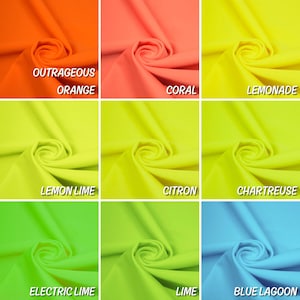 May include: Nine fabric swatches in various shades of yellow, green, orange, and blue. The swatches are arranged in a 3x3 grid. Each swatch has a name printed below it, including "Outrageous Orange", "Coral", "Lemonade", "Lemon Lime", "Citron", "Chartreuse", "Electric Lime", "Lime", and "Blue Lagoon".