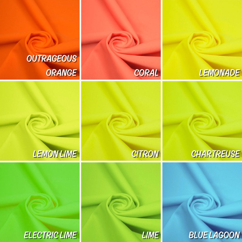 May include: Nine fabric swatches in various shades of yellow, green, orange, and blue. The swatches are arranged in a 3x3 grid. Each swatch has a name printed below it, including "Outrageous Orange", "Coral", "Lemonade", "Lemon Lime", "Citron", "Chartreuse", "Electric Lime", "Lime", and "Blue Lagoon".