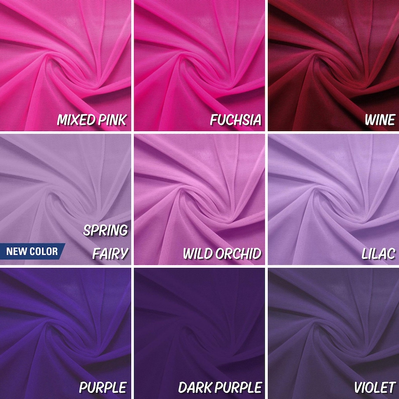 May include: Nine swatches of sheer fabric in various shades of pink, purple, and red. The swatches are labelled with the following names: Mixed Pink, Fuchsia, Wine, Spring Fairy, Wild Orchid, Lilac, Purple, Dark Purple, and Violet.