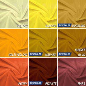 May include: Nine fabric swatches in various shades of yellow, orange, and red. The swatches are arranged in a 3x3 grid. The names of the colours are listed below each swatch. The colours are: Yellow, Aurora, Duckling, Halei Yellow, Havana, Sunset Blvd, Penny, Picante, and Mars.