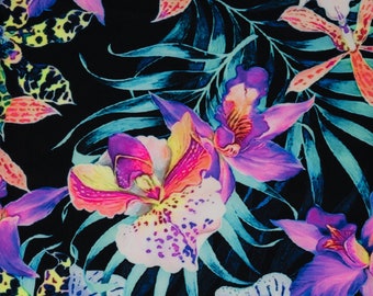 Irises and Palm Fronds Printed Spandex Fabric | Blue Moon Fabrics