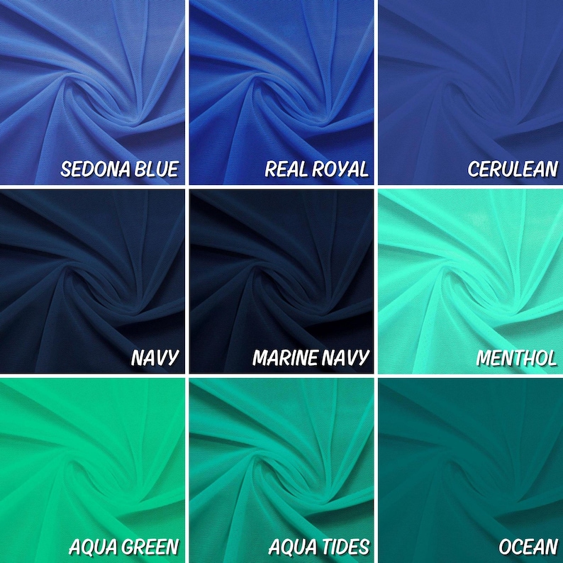 May include: Nine fabric swatches in various shades of blue and green. The swatches are arranged in a 3x3 grid. The colours are: Sedona Blue, Real Royal, Cerulean, Navy, Marine Navy, Menthol, Aqua Green, Aqua Tides, and Ocean.