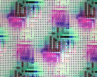 May include: Abstract digital art pattern featuring a mosaic of small squares in a variety of colors. The design incorporates shades of pink, green, purple, and black, creating a vibrant and geometric composition. The background is white.