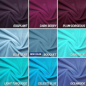 May include: Nine fabric swatches in different colours, including eggplant, dark berry, plum gorgeous, blue star, bouquet, cabo blue, light turquoise, celeste blue, and oceanside.