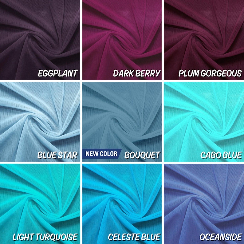 May include: Nine fabric swatches in different colours, including eggplant, dark berry, plum gorgeous, blue star, bouquet, cabo blue, light turquoise, celeste blue, and oceanside.