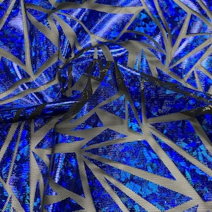 May include: Blue iridescent fabric with a geometric pattern of black triangles. The fabric has a mesh texture.