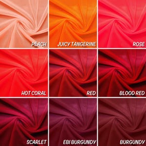 May include: Nine swatches of sheer fabric in various shades of red and orange, from peach to burgundy. The fabric is arranged in a grid with the colour names labelled below each swatch.