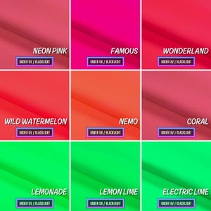 May include: Nine swatches of neon fabric in various shades of pink, orange, red, and green. The swatches are labeled with names like "Neon Pink", "Famous", "Wonderland", "Wild Watermelon", "Nemo", "Coral", "Lemonade", "Lemon Lime", and "Electric Lime". Each swatch has a small label that says "Under UV/Blacklight".