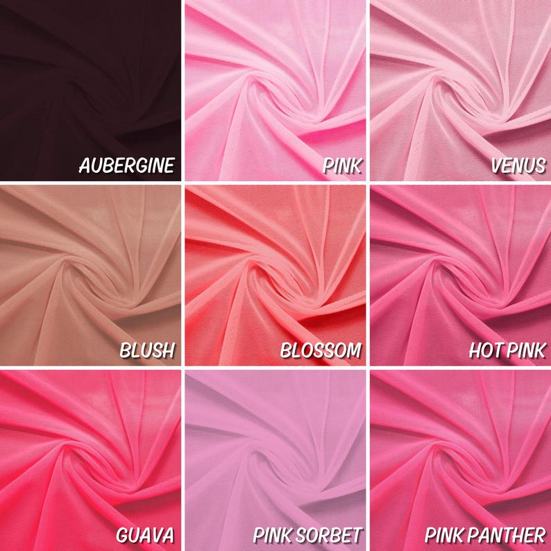 May include: Nine fabric swatches in various shades of pink, from dark to light, with names below each swatch: Aubergine, Pink, Venus, Blush, Blossom, Hot Pink, Guava, Pink Sorbet, Pink Panther.