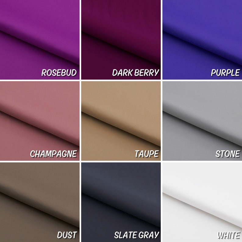 Pu&ograve; includere: Cartella colori di tessuto che mostra nove colori diversi: bocciolo di rosa, bacca scura, viola, champagne, tortora, pietra, polvere, grigio ardesia e bianco.