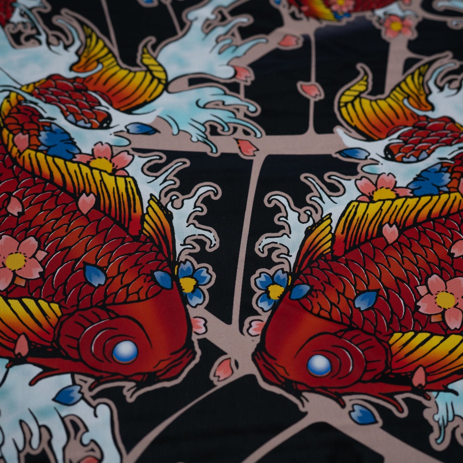 Japanese Dragon and Koi Fish on Floral Tattoo Printed Power Mesh Fabri