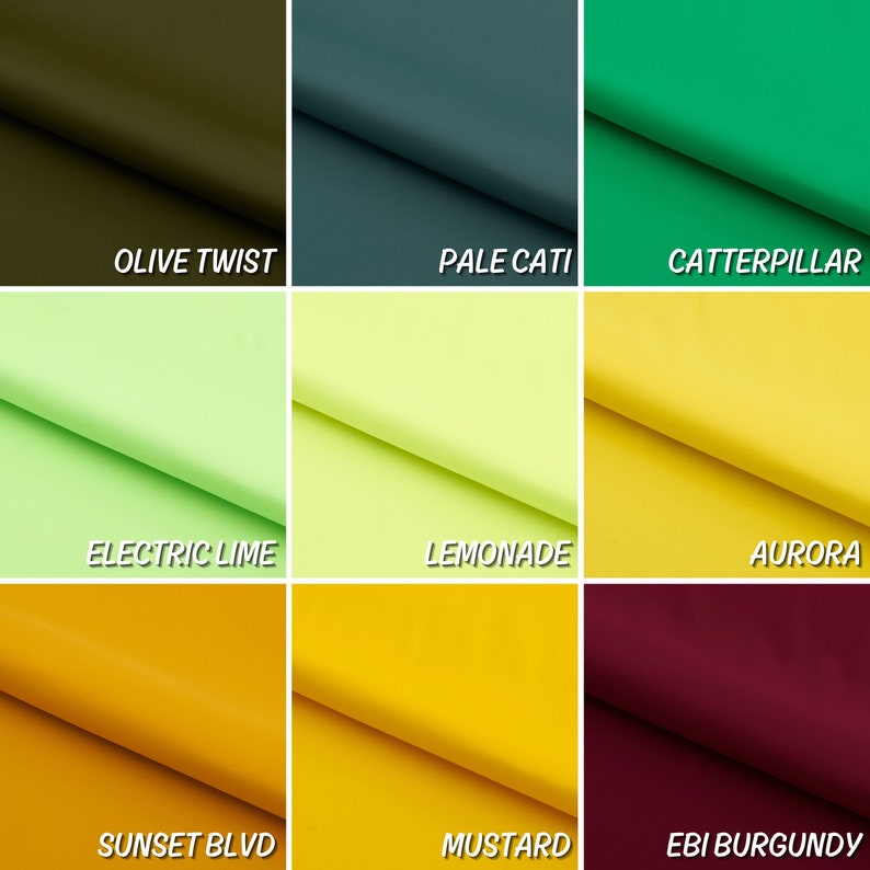 Pu&ograve; includere: Nove campioni di tessuto in diversi colori, tra cui olive twist, pale cati, caterpillar, electric lime, lemonade, aurora, sunset blvd, mustard ed ebi burgundy.