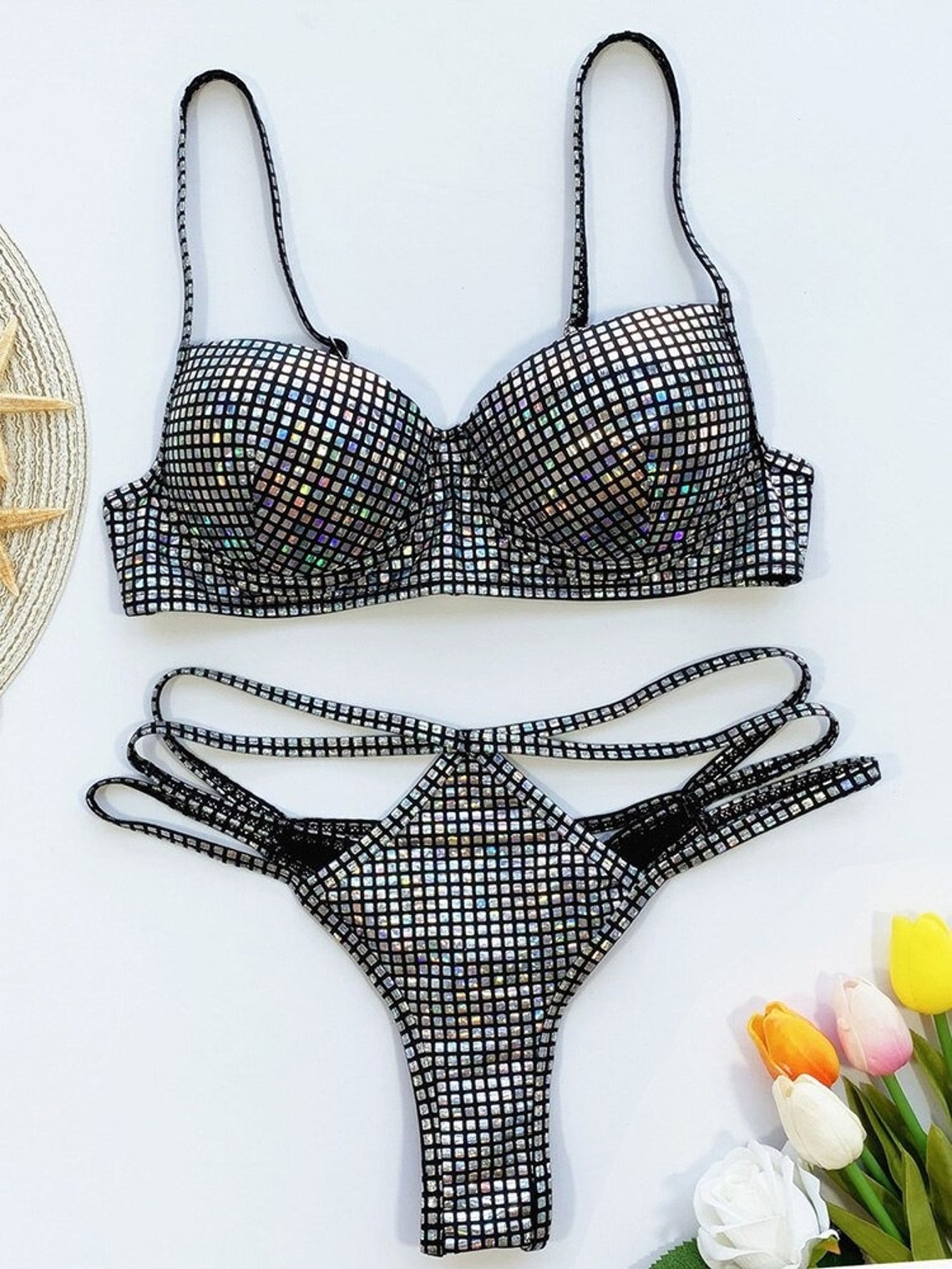 Shiny Sequins Bra Cup Bikini Women Swimsuit Female High Cut Etsy