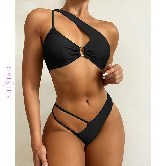 Sexy Black Bikini Women Swimsuit One Shoulder Swimwear Cut Out