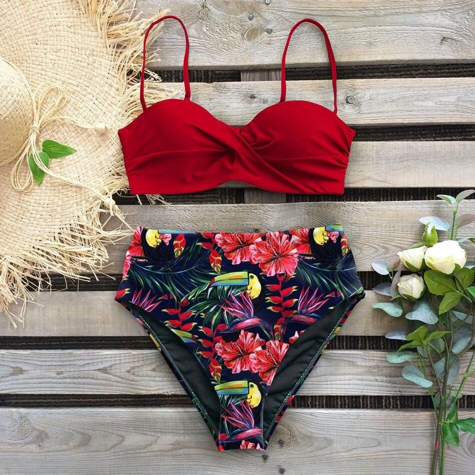 Women Swimwear Push up Bikinis Set Leaf Print Female High Waist