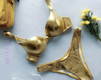 Frauen Bademode Bikini PU Leder Zweiteiler Push-Up Shiny BH Bandeau Beachwear Gold Badeanzüge Tankini Sommer Badeanzug
