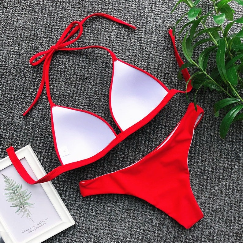 Halter Bra Cup Bikini Sexy Swimsuit Female White Swimwear Etsy