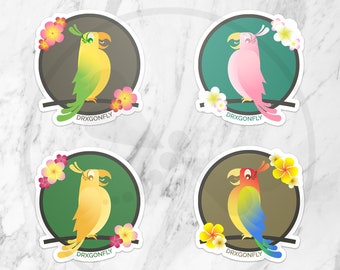 Tiki Birds Stickers (SET OF 4) Enchanted Tiki Room | Adventureland | Tropical Rainforest Parrots Plumeria | Journal Laptop Sticker Pack