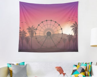 Ferris Wheel Sunset Tapestry | Party Decoration Banner Backdrop | Dorm Room Bohemian Aesthetic Bedroom Wall Hanging | Photo Booth Props