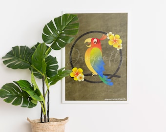 Enchanted Rainbow Tiki Bird Print | 4 Part Series | Tropical Illustration | Adventureland Wall Art | Graphic Design | Plumeria Flowers Swing