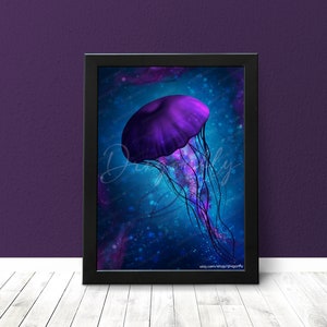 Electrifying Jellyfish Print Underwater Ocean Aquarium Purple Mystical Magical Sea Creatures Digital Art Painting Luster / Metallic image 1