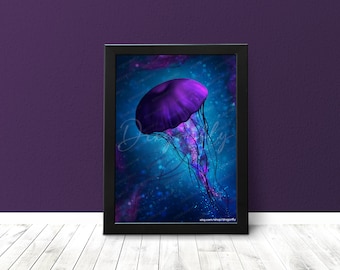 Electrifying Jellyfish Print | Underwater Ocean Aquarium | Purple Mystical Magical Sea Creatures | Digital Art Painting | Luster / Metallic