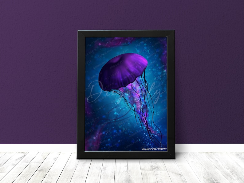 Electrifying Jellyfish Print Underwater Ocean Aquarium Purple Mystical Magical Sea Creatures Digital Art Painting Luster / Metallic image 1