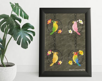 Enchanted Tiki Birds Group Brown Background Print | Tropical Parrots Illustration | Adventureland Wall Art Home Decor | Plumeria Flowers