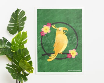 Enchanted Yellow Tiki Bird Print | 4 Part Series | Adventureland Macaws | Tropical Home Decor Wall Art | Graphic Design | Parrots Rainforest