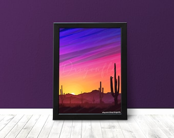Arizona Desert Sunset Print | Cactus | Beautiful Rainbow Sky | Abstract Digital Illustration | Nature Landscape Artwork | Travel Destination