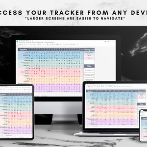 May include: A comparison of how a symptom tracker spreadsheet appears on different devices. The tracker is shown on a desktop computer, a laptop, a tablet, and a smartphone. The spreadsheet is color-coded and includes a calendar for tracking symptoms.