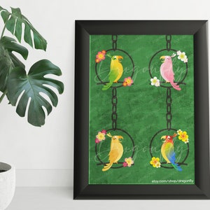 May include: Four colorful parrots are perched on swings with floral accents. The parrots are yellow, pink, orange, and blue. The background is a green textured design. The text at the bottom reads "etsy.com/shop/dnxgonfly".