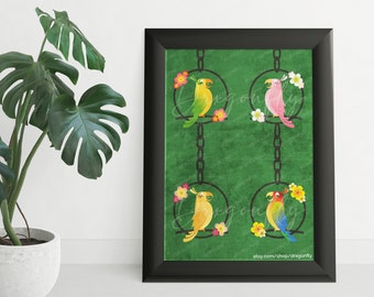 Enchanted Tiki Birds Group Green Background Print | Tropical Digital Illustration | Rainforest Parrots | Adventureland | Home Decor Wall Art