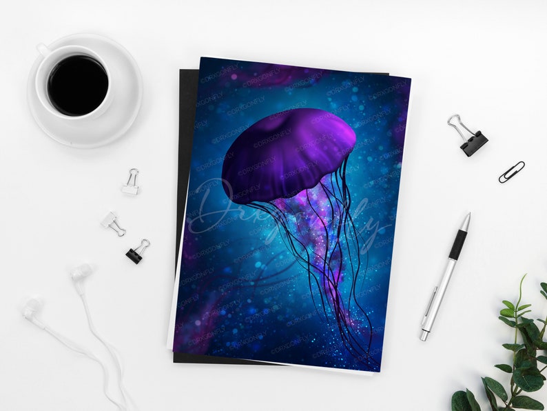 Electrifying Jellyfish Print Underwater Ocean Aquarium Purple Mystical Magical Sea Creatures Digital Art Painting Luster / Metallic image 4