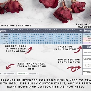 May include: A printable symptom tracker for January 2022. The tracker has 25 rows for symptoms, including anxiety, poor balance, mood swings, fatigue, and brain fog. It also has 5 color-coded categories: mental/neurological, head/sinus, digestive, hair/skin/nails, and pain. The tracker includes a notes section for each month.