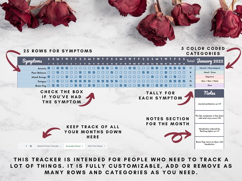 May include: A printable symptom tracker for January 2022. The tracker has 25 rows for symptoms, including anxiety, poor balance, mood swings, fatigue, and brain fog. It also has 5 color-coded categories: mental/neurological, head/sinus, digestive, hair/skin/nails, and pain. The tracker includes a notes section for each month.