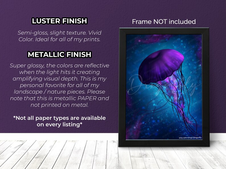 Electrifying Jellyfish Print Underwater Ocean Aquarium Purple Mystical Magical Sea Creatures Digital Art Painting Luster / Metallic image 3